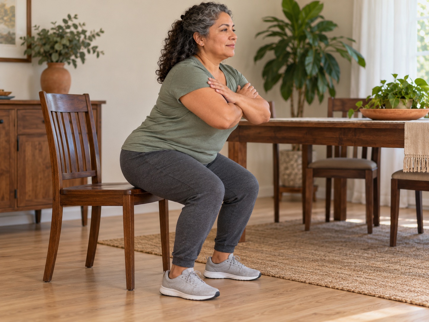 Mujer haciendo una sentadilla a la silla en la sala de su casa, levantándose sin usar las manos