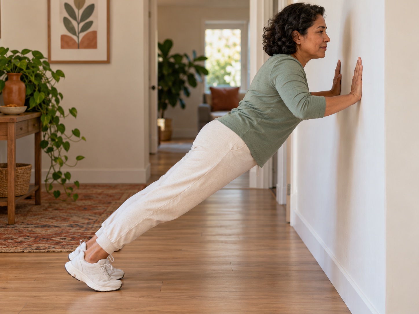 Mujer haciendo una flexión de brazos apoyada en la pared de su casa