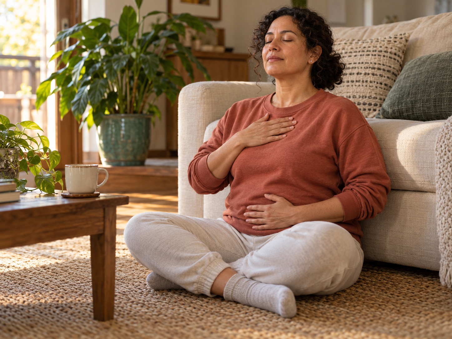 Mujer sentada en el piso, apoyada en el sofá, con una mano en el pecho y otra en el abdomen practicando respiración lenta