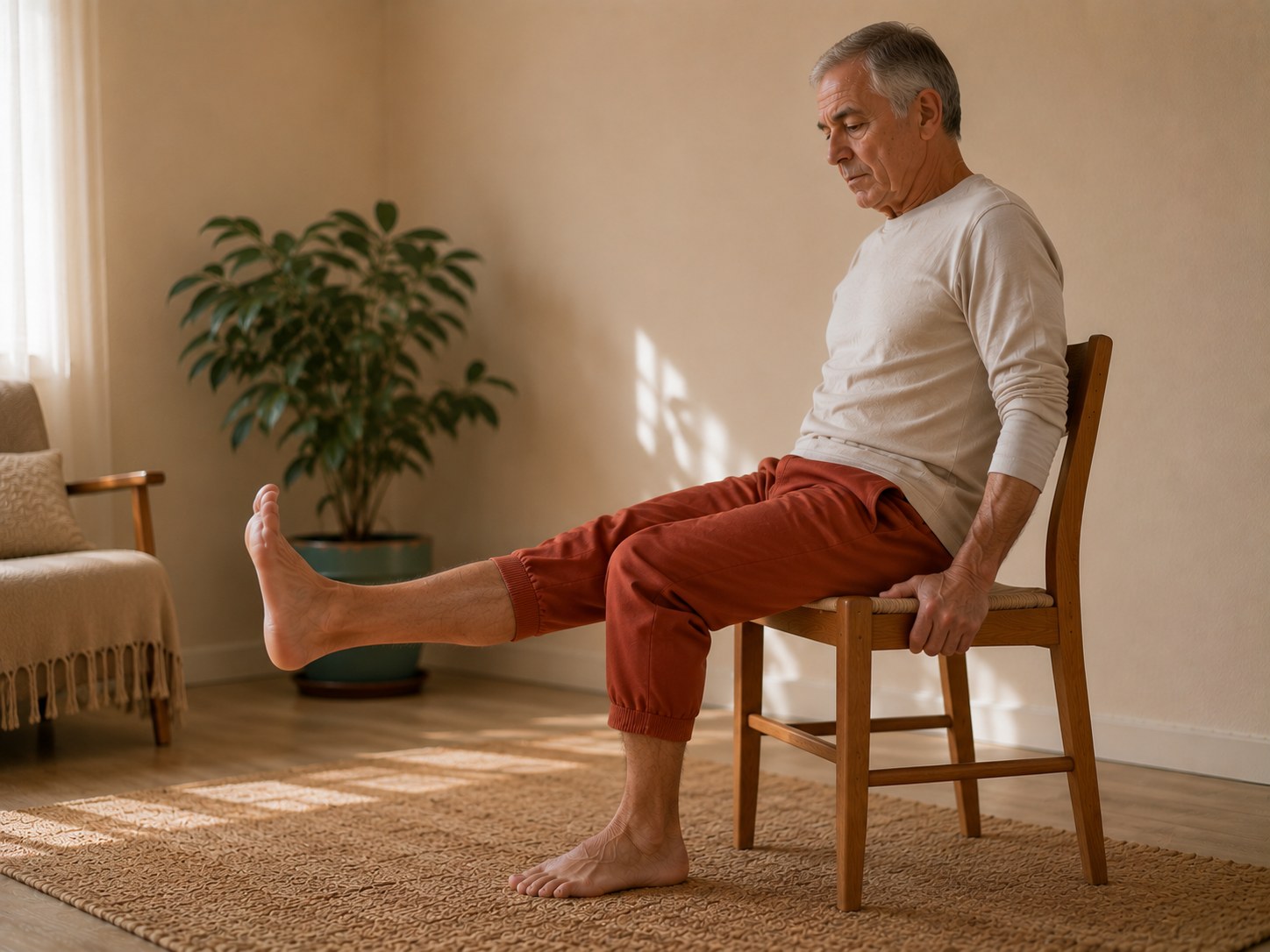 Persona mayor haciendo el ejercicio de extensión de rodilla sentada en una silla